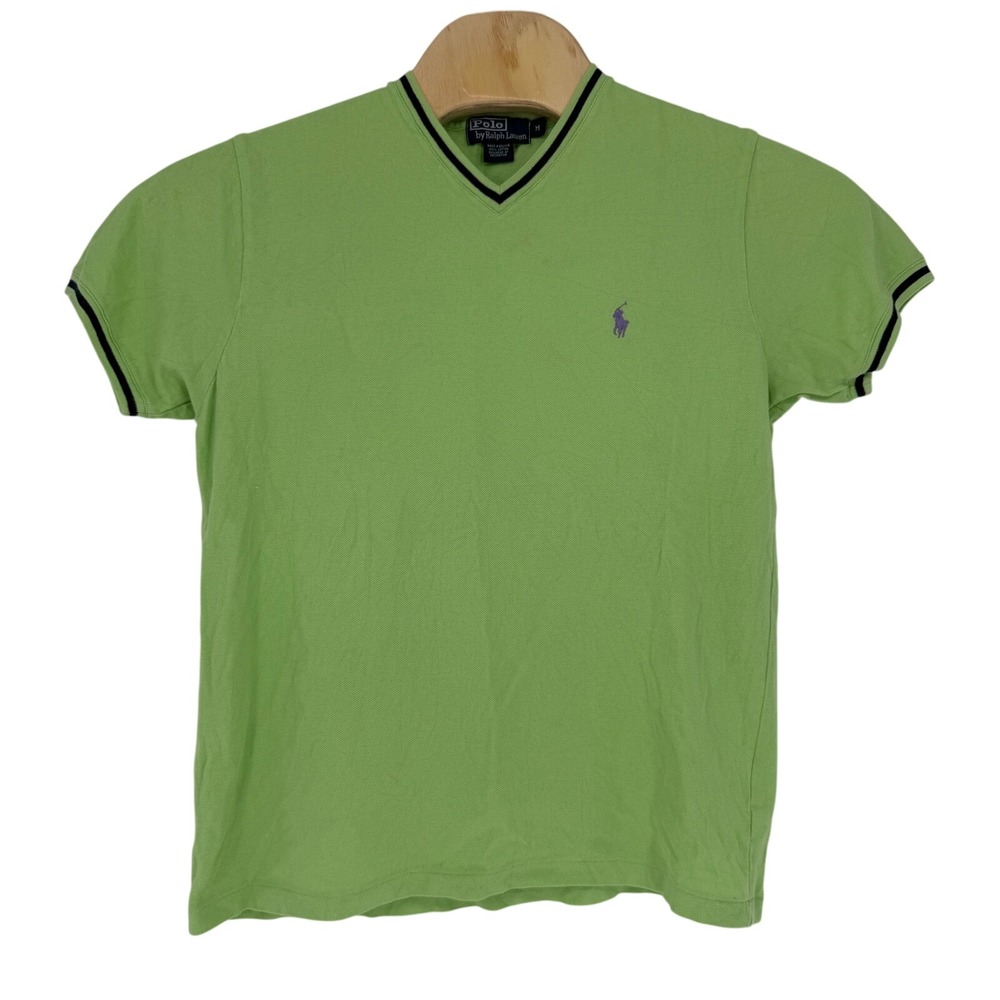 Polo Ralph Lauren Mens V-Neck T-Shirt Lime Green Pique Cotton Navy Trim Size M